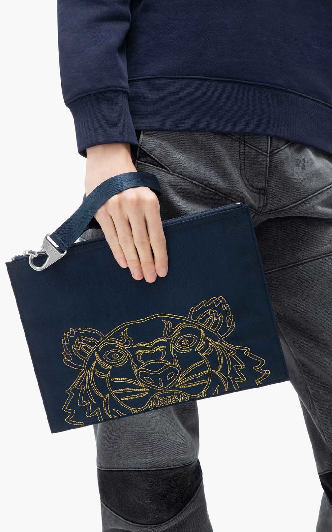 Kenzo Large Kampus Tiger Clutch Navy Blue For Womens 8612WLNDP